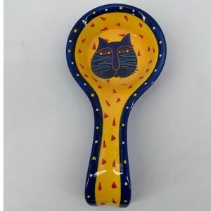 Laurel Burch Blue Cat Ceramic Spoon Rest Yellow Navy Polka Dot
